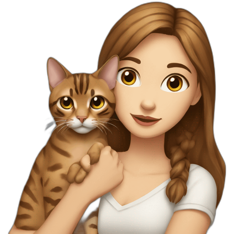 a beautiful girl with blue eyes and brown hair is holding a Bengal cat with yellow eyes in her arms emoji