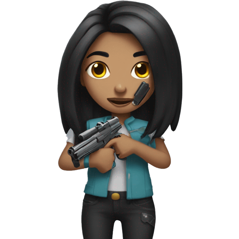 Girl with long black hair and grillz holding 2 guns emoji