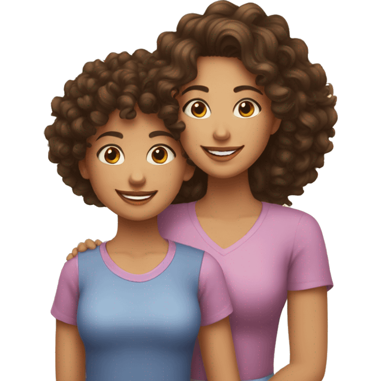 brunette mom with curly hair and brunette daughter with curly hair smiling  emoji