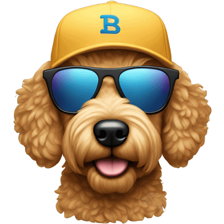 Golden doodle wearing sunglasses and a backwards hat emoji