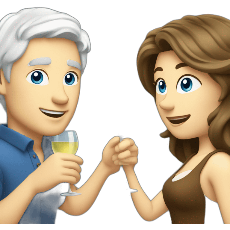 white man with blue eyes and grey hair toasting with a white wine with a white woman with brown eyes and blond hair emoji