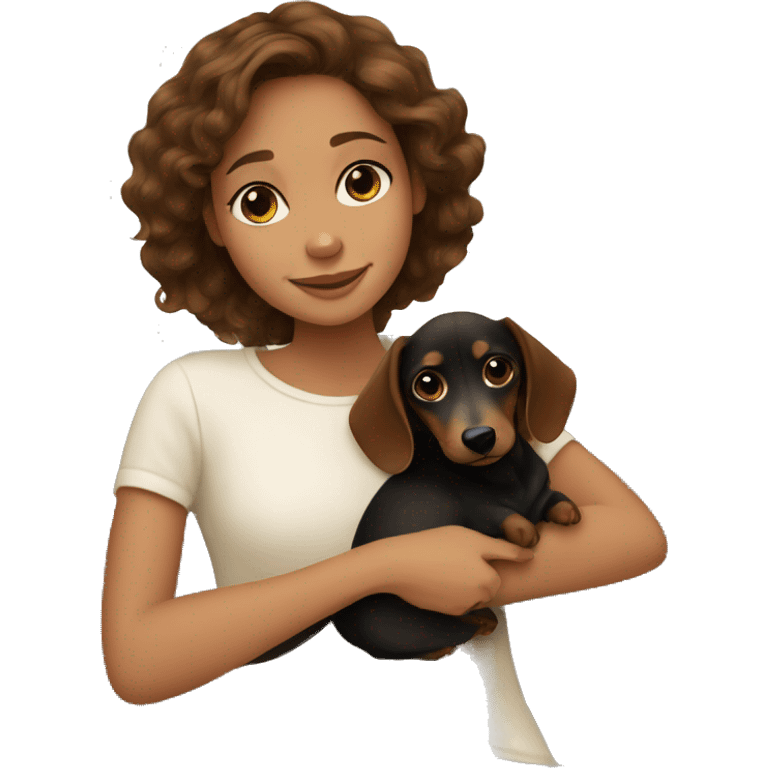 Brown wavy hair girl cuddling a small honey black dachshund emoji