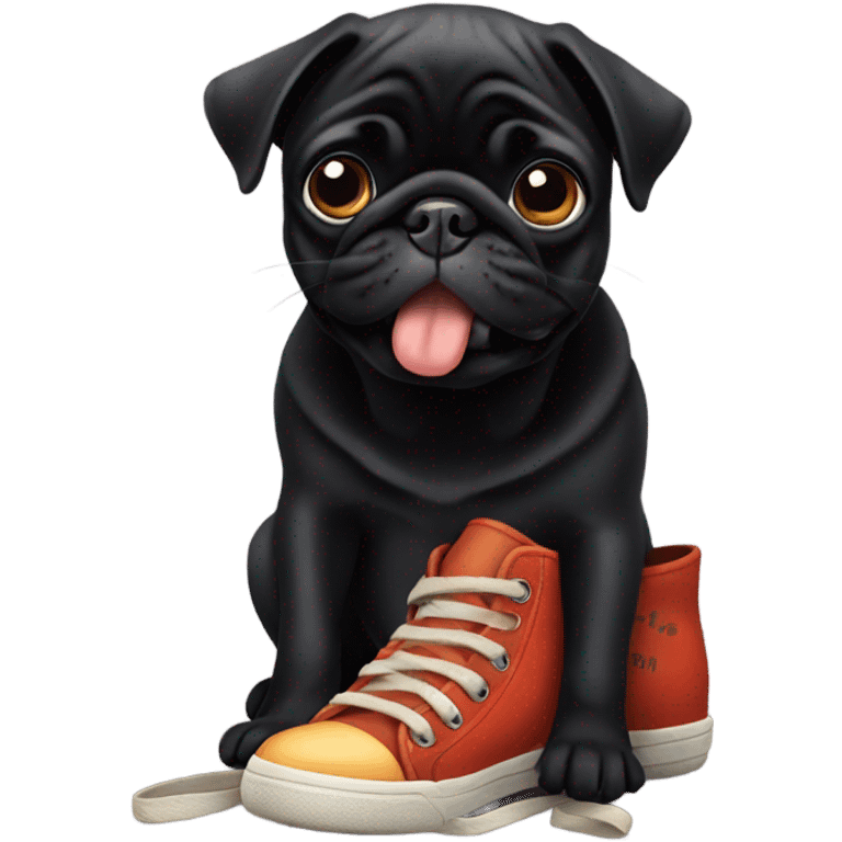 Black pug chewing on a shoe emoji