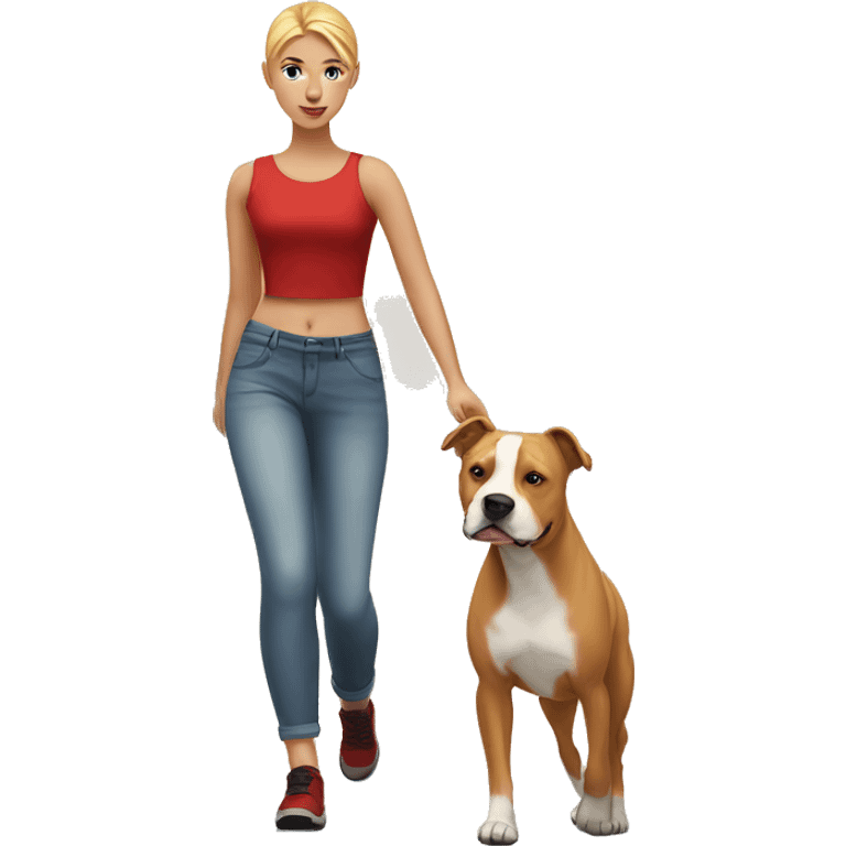 Blonde girl walking red amstaff emoji