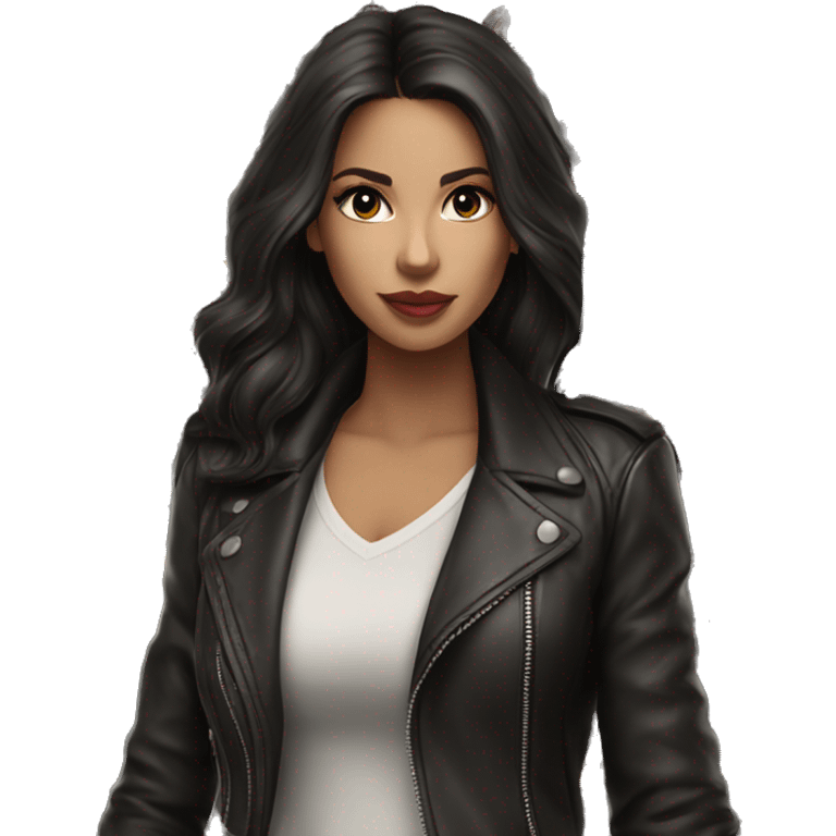 Glamour brunette in leather jacket long dark hair and low cut shirt emoji