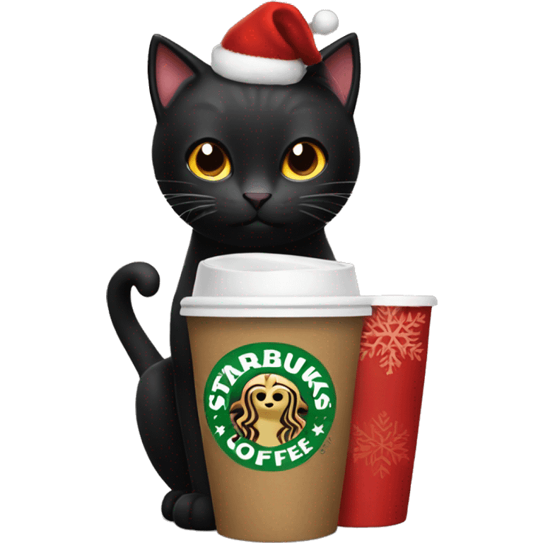 Black cat holding a red Starbucks holiday cup emoji