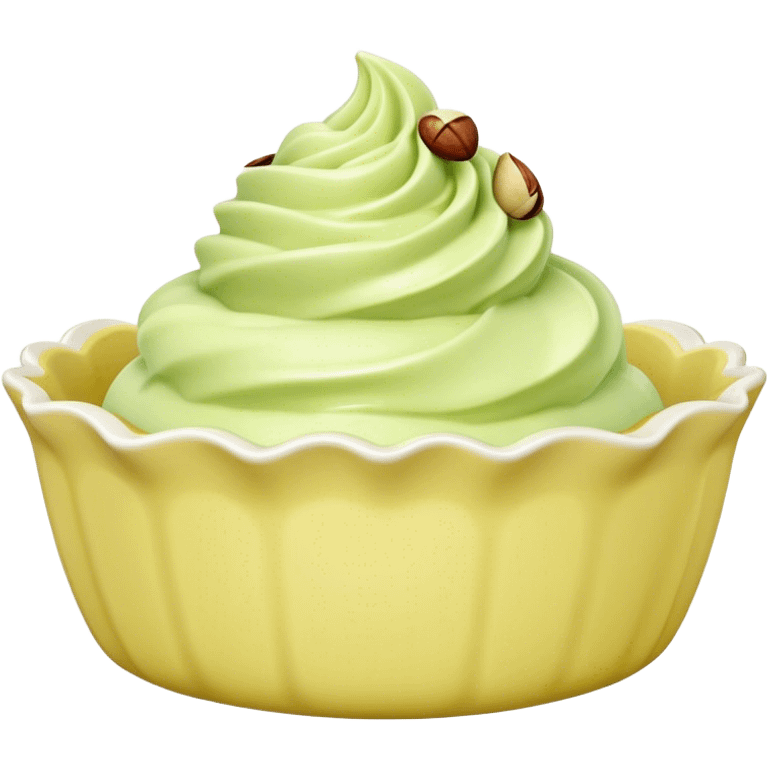 Pistachio gelato in a scalloped-edged light yellow ceramic dish emoji