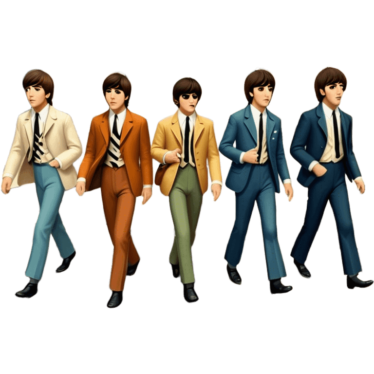 Cinematic Realistic The Beatles Abbey Road Scene Emoji, depicting the legendary band of four crossing the iconic zebra-striped street in their classic outfits, exuding effortless charisma and musical legacy. The scene is bathed in warm, nostalgic lighting with rich textures that capture the essence of 1960s rock history. emoji