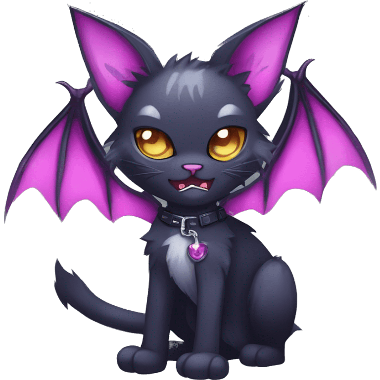   cool edgy kawaii anime-style ethereal dark-punk-themed animal vampiric cat-hybrid Fakemon with fangs and bat-wing-ears with a collar full body emoji