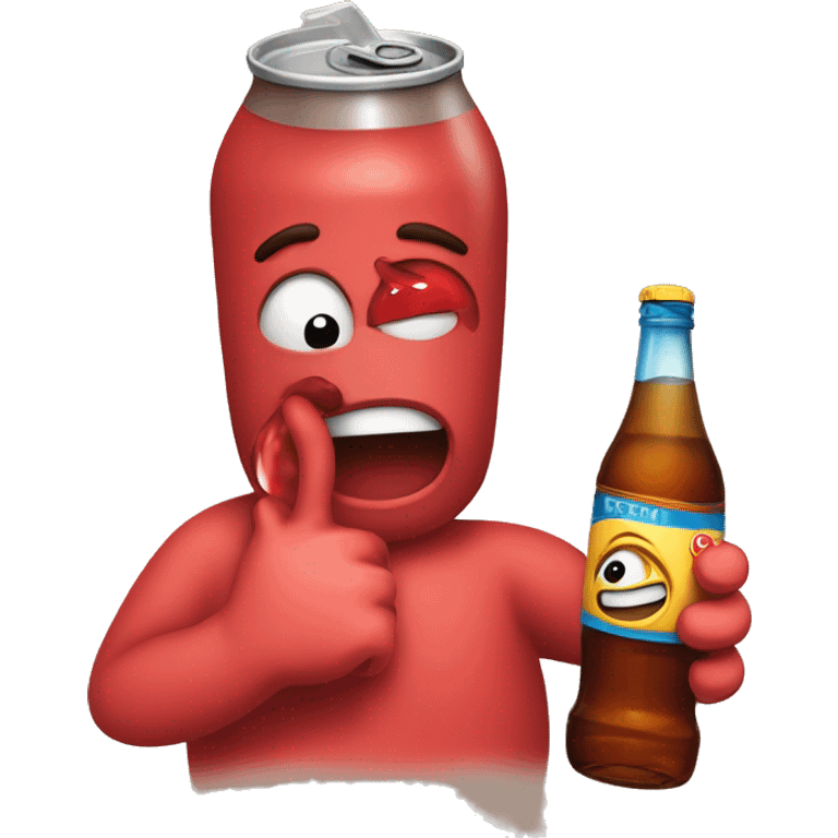 A red ❤️ emoji with eyes, a mouth, and hands, looking tipsy, holding a drink bottle, with a playful, drunken expression emoji