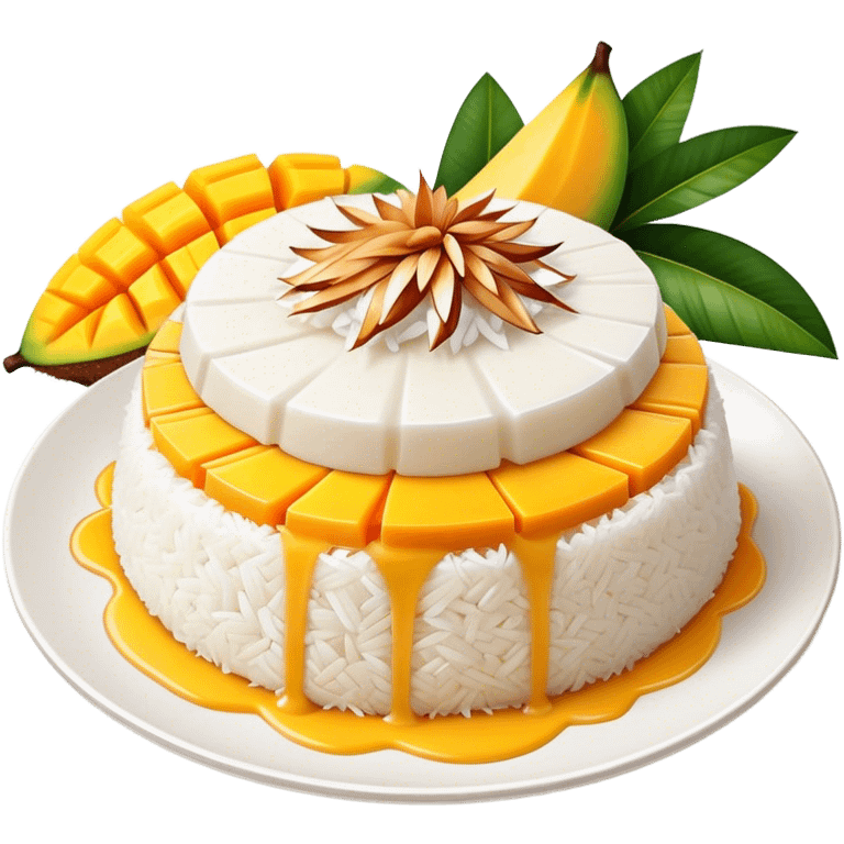 Mango Sticky Rice Cinematic Realistic Mango Sticky Rice Dessert Emoji, depicted as sticky rice drizzled with coconut milk topped with a layer of coconut cream, accompanied by sliced mango on the side of the plate, rendered with vivid textures and warm, tropical lighting. emoji