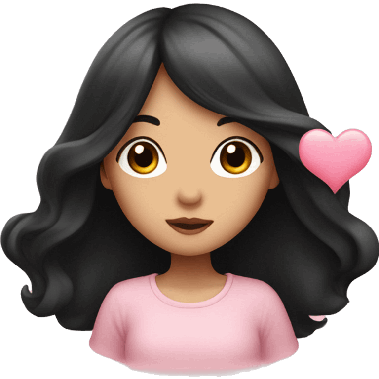 a girl with long black hair blowing a kiss to a light pink heart emoji