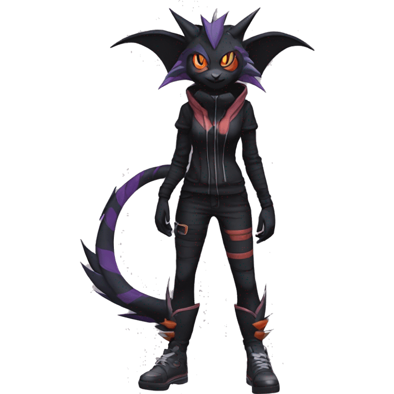 Cool Anthro Black Noivern-Quiana-Litten-Pokémon with edgy stripes hoodie spiked collar punk Full Body emoji