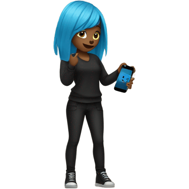 girl with blue hair in black clothes holding a phone emoji