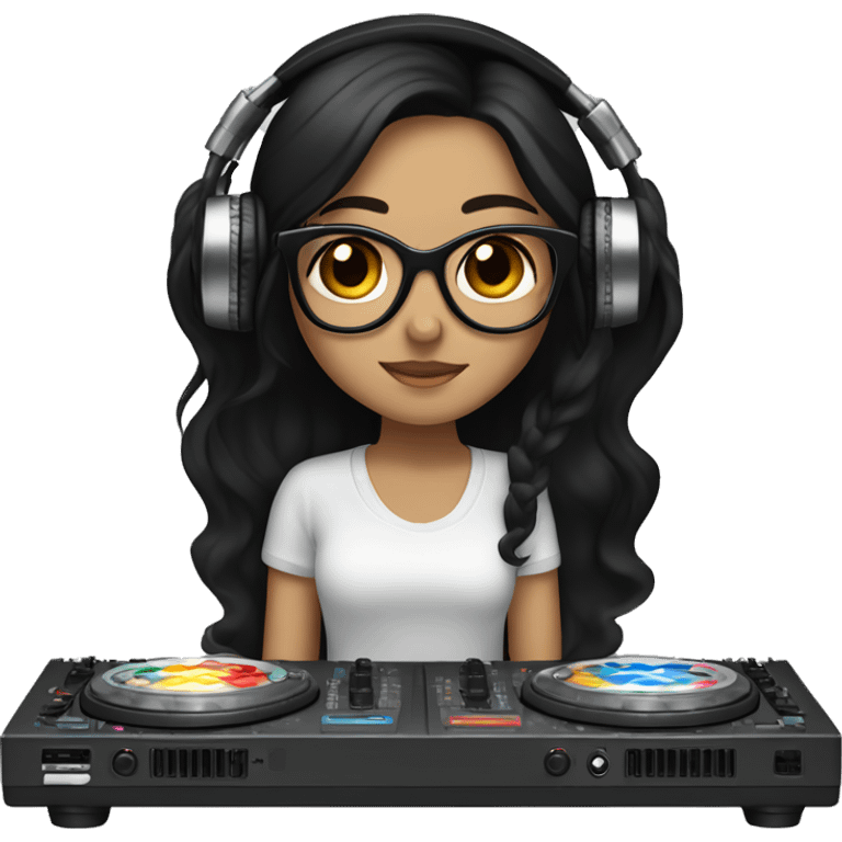 Fair skinned girl with brown eyes and long black hair with glasses on with headphones on mixing on a dj mixer emoji