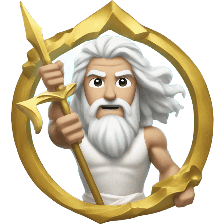 white man Poseidon with gold Trident. long white hair white dress. show biceps emoji