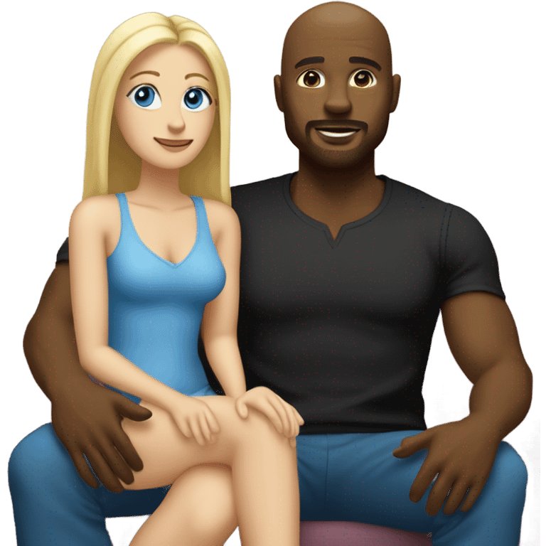 Blonde woman with blue eyes and long straight hair and black man who is bald with a goatee seated together on a sofa with their legs touching and clearly in love with each other with her left arm around him and his right arm around her.   emoji