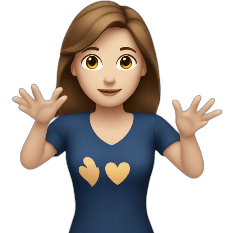 A white woman with brown hair, dark blue blouses and making a heart symbol with her hands emoji