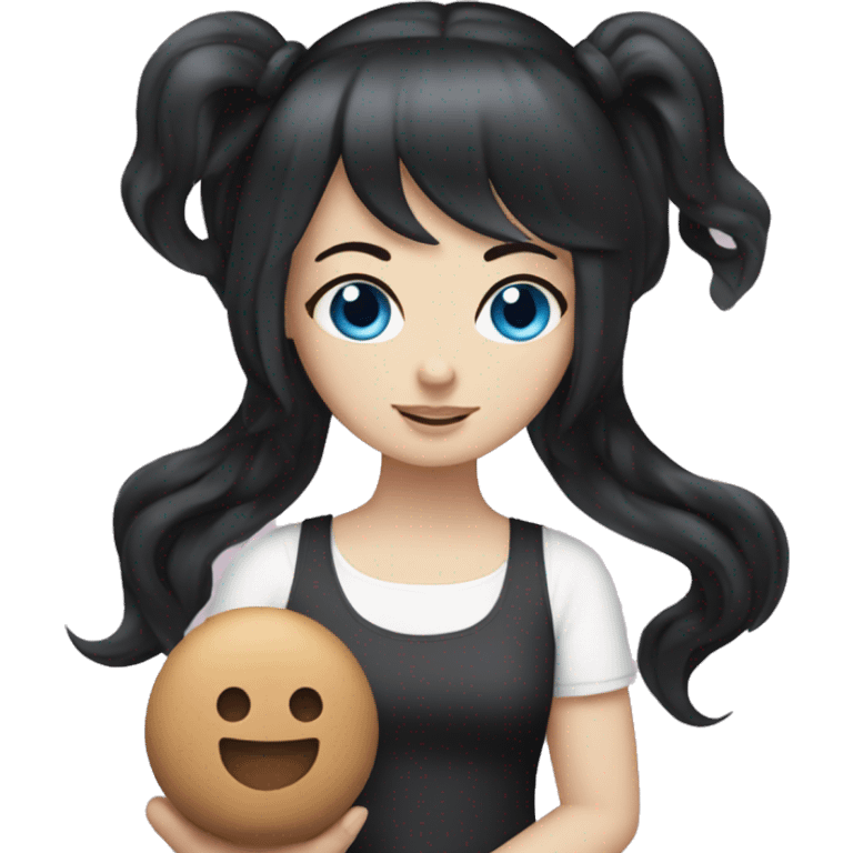 white Girl with black hair and blue eyes playing with plushy emoji