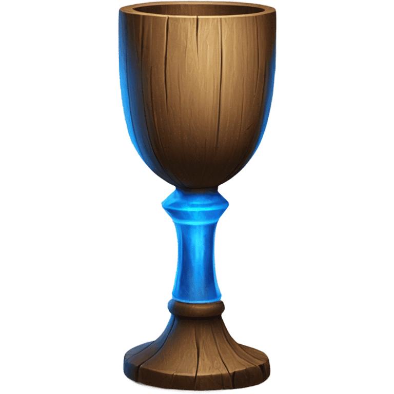 A magical goblet, large and imposing, made of aged wood with a smooth surface. It emits a vibrant blue light, standing out as a symbol of power and mystery. emoji