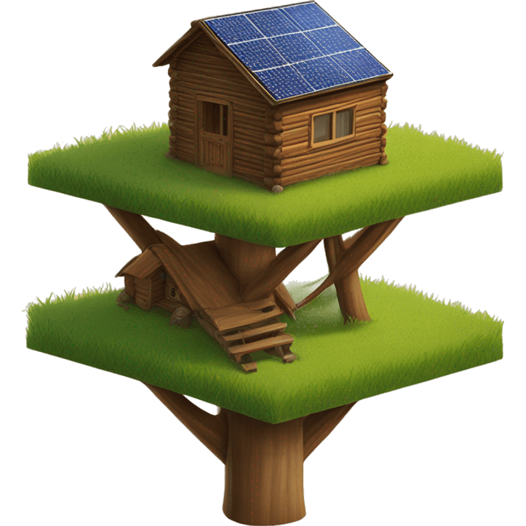 Wood Cabin near tree, 5 stories tall solar, grass field  emoji