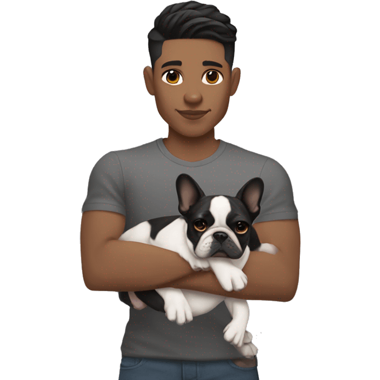 athletic light skin male with short black fade hairstyle holding a french bulldog emoji