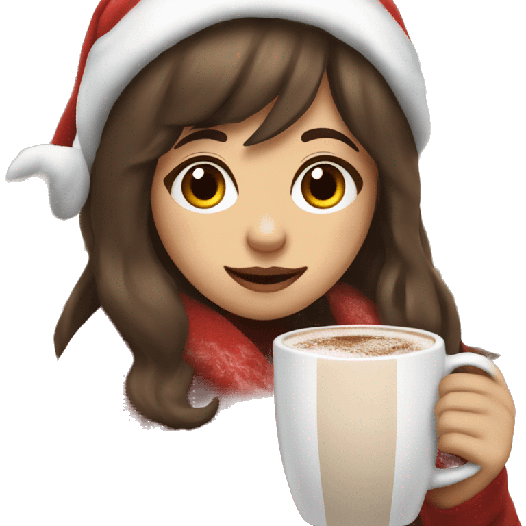 Girl with brown hair wispy bangs wearing a Santa hat and a blanket hold a cup of hot chocolate  emoji