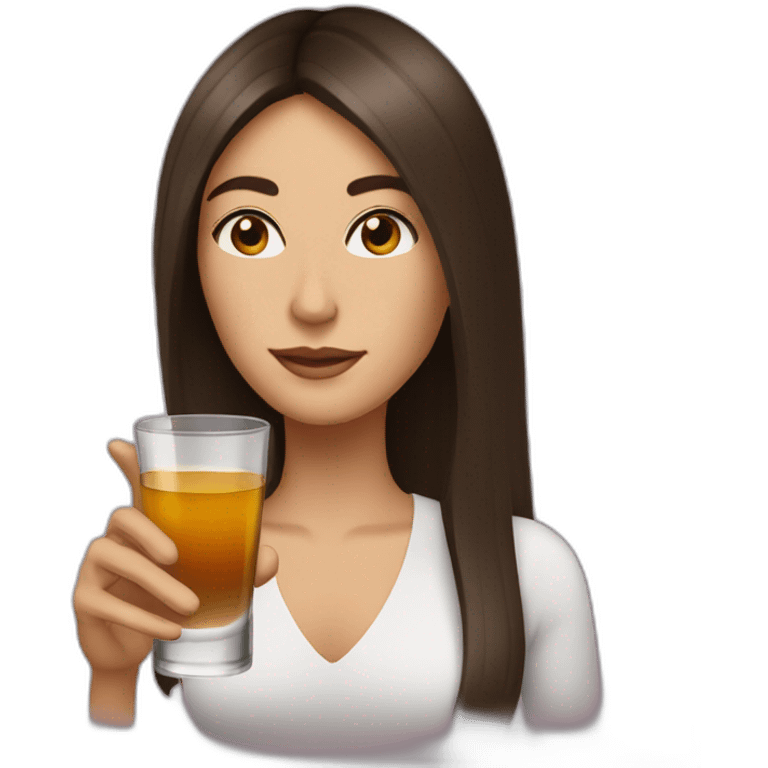 Brunette woman with brown eyes and shoulder-long hair drinking a shot if Rakija emoji