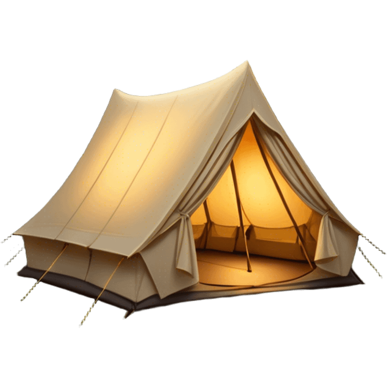 Cinematic Realistic Tent, a sturdy canvas tent nestled among tall trees, warm golden light spilling from inside, gentle folds in the fabric visible, glowing against the cool, dark forest backdrop, evoking a sense of adventure and comfort. emoji