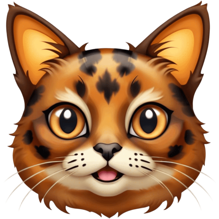 Cinematic Comical Tortoiseshell Cat Portrait Emoji, Head cocked dramatically with an over-the-top shocked expression, featuring a rich mottled fur of browns and blacks and wide, comically animated eyes full of playful disbelief, simplified yet hilariously detailed, glowing with a bold, sassy radiance, high shine, exuding a mischievous and spirited charm, styled with a soft glowing outline, capturing the essence of a tortoiseshell cat that appears ready to burst into comical antics! emoji