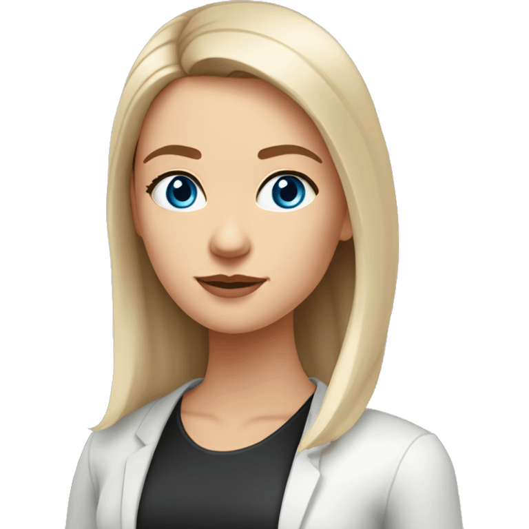 Slavic woman with blue eyes, eyes look up, fair skin, straight gradient medium length hair, eyes makeup, dressed in white T-shirt and office black jacket, one side of hair is tucked behind the ear. emoji