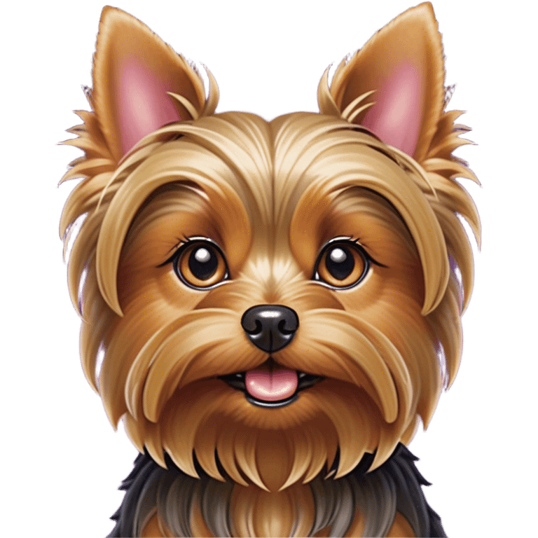 Cinematic Comical Yorkshire Terrier Portrait Emoji, Head tilted dramatically with an exaggeratedly surprised, comical expression and wide, expressive eyes, featuring a perky, well-groomed fur in rich hues, simplified yet hilariously detailed, glowing with a bold, sassy radiance, high shine, exuding playful mischief and cheeky terrier attitude, styled with a soft glowing outline, capturing the essence of a Yorkshire Terrier that appears ready to comically dash out of the frame! emoji