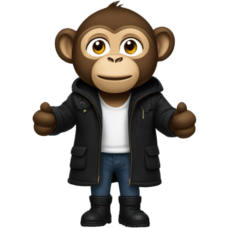 Monkey wearing black wool coat black ugg boots and a black backpack emoji