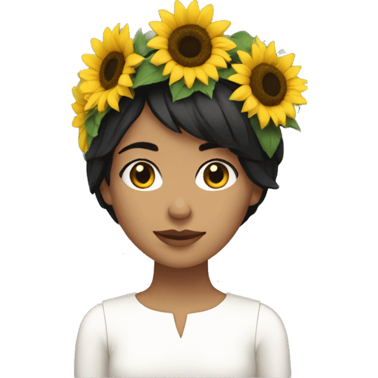 Woman with short black hair using a sunflower crown and white dress emoji