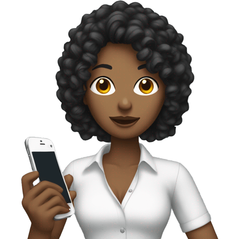 woman with a tall black mullet with curly hair holding a phone emoji