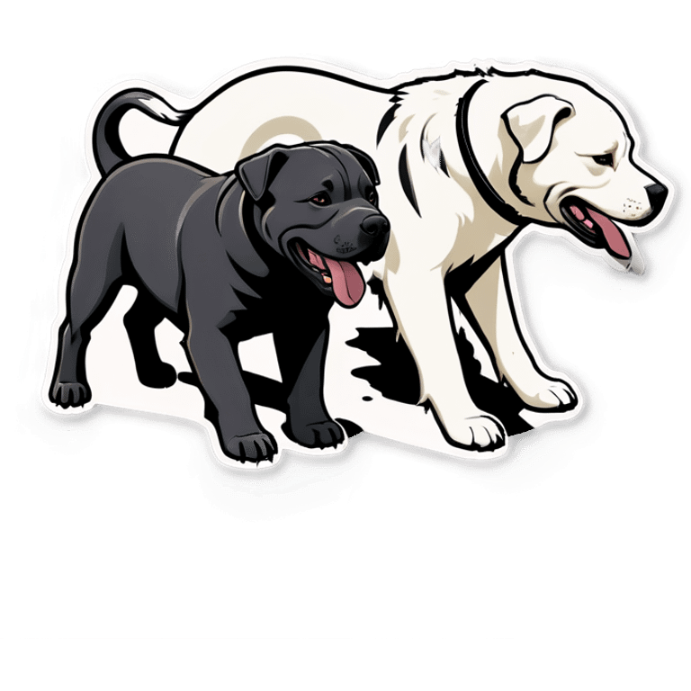 Dark grey pitbull playing with Great Pyrenees and blackout cut emoji