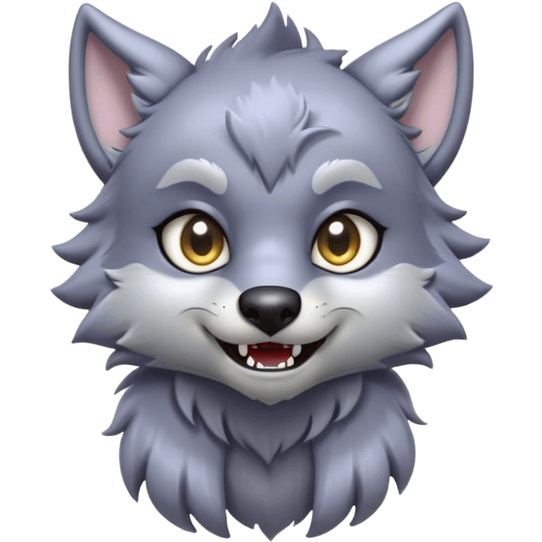 Cinematic Cute Werewolf Portrait Emoji, with a cuddly, miniature lupine form in soft moonlit grays and silvers, featuring oversized sparkling eyes and a sweet, endearing snarl, simplified yet irresistibly adorable, highly detailed with a gentle glowing outline that captures the playful, heartwarming essence of a little werewolf! emoji