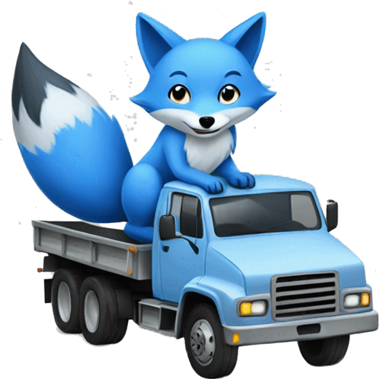 blue fox sits on a truck driving on the road emoji