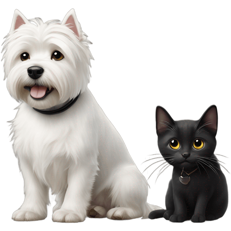 White west highland terrier next to two black cats emoji