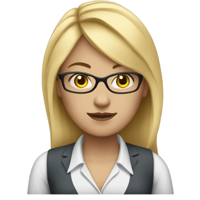 A female office worker with blond hair, blue eyes and glasses  emoji