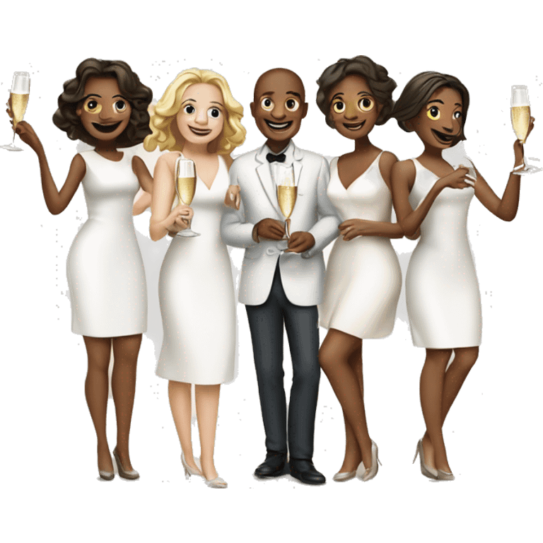 Group of 5 smiling women, one boy and a woman with white dress clinking champagne emoji