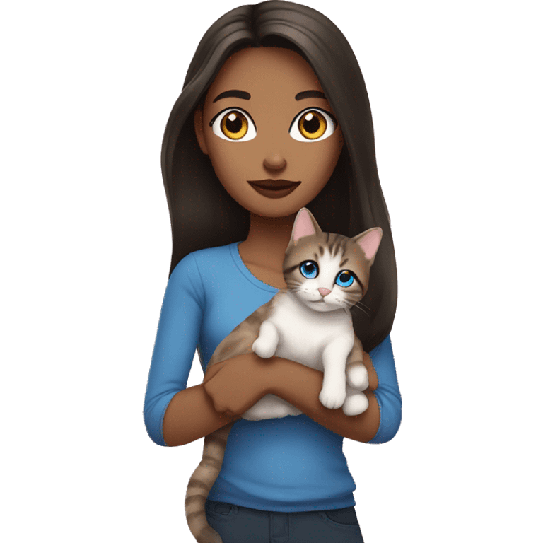 Woman with dark long hair, pink lips and blue eyes holding a tabby cat  emoji