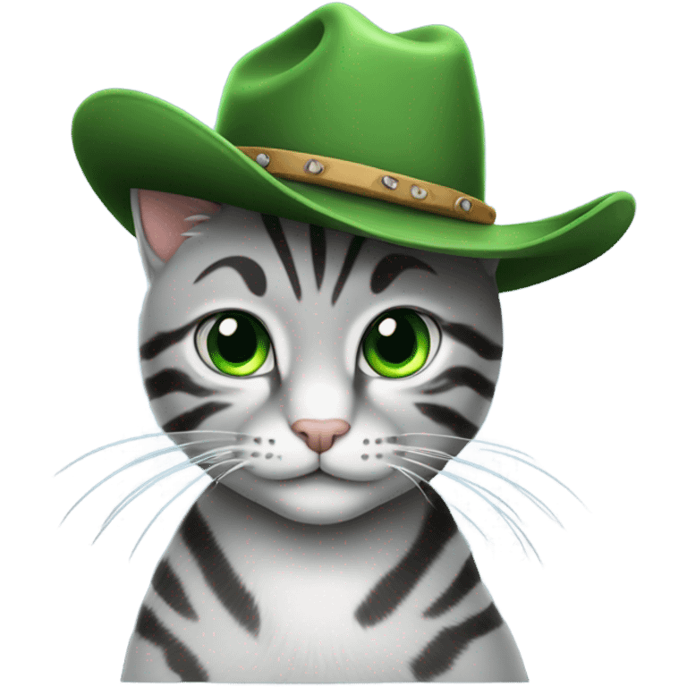 A silver tabby cat With green wearing a cow boy hat emoji