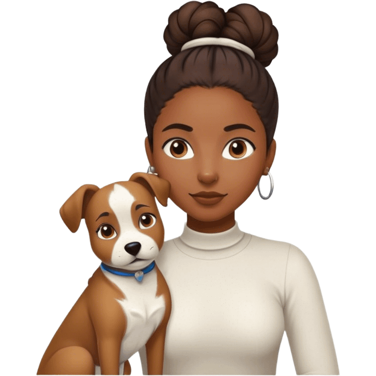 smart, 30 year old, brown African girl, back bun hairstyle, with one big white brown dog emoji