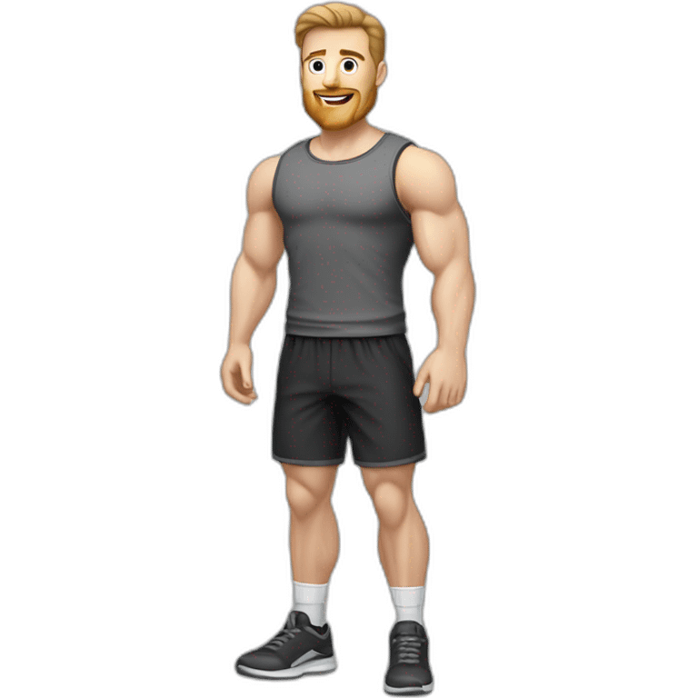 Full height Pale skinned fit man With biceps, Realistic eyes and mouth, light brown hair and stubble In dark gray sleeveless mike, black oversize sports shorts, watch and white sneakers. emoji