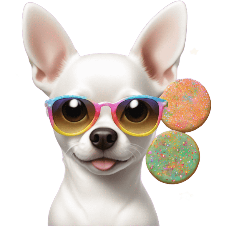 White Chihuahua with aviator sunglasses and a sprinkle cookie emoji