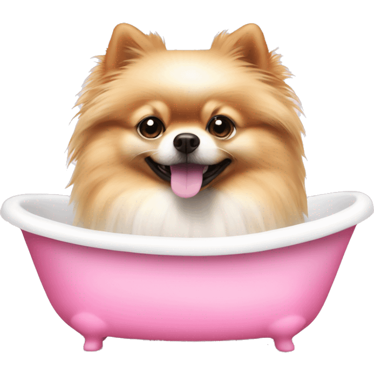 Pomeranian white color dog in pink bath emoji