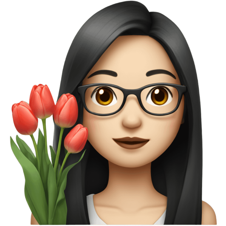 asian pale skin girl with long black shaking hair and bangs and glasses holding tulips emoji