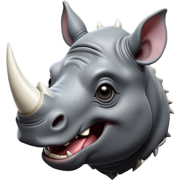 Cinematic Comical Rhinoceros Portrait Emoji, Head tilted dramatically with an exaggeratedly amused expression, featuring a striking, glossy slate-gray hide with a boldly textured white horn, wide, expressive eyes filled with playful disbelief, Simplified yet hilariously expressive features, highly detailed, glowing with a slightly sassy glow, high shine, dramatic yet playful, stylized with an air of cheeky wild mischief, bright and endearing, soft glowing outline, capturing the essence of a spirited and over-the-top rhinoceros, so meme-worthy it feels like it could charge its way into internet fame instantly! emoji