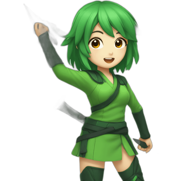 Cute anime girl dressed with a green ninja uniform and holding throwing stars emoji